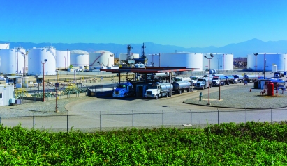 Fuel tanker trucks lining up for gas